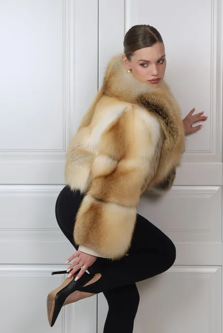 Red fox fur coat with a shawl collar