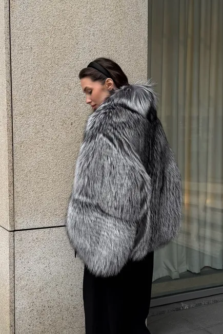 Silver fox fur coat with a stand-up collar