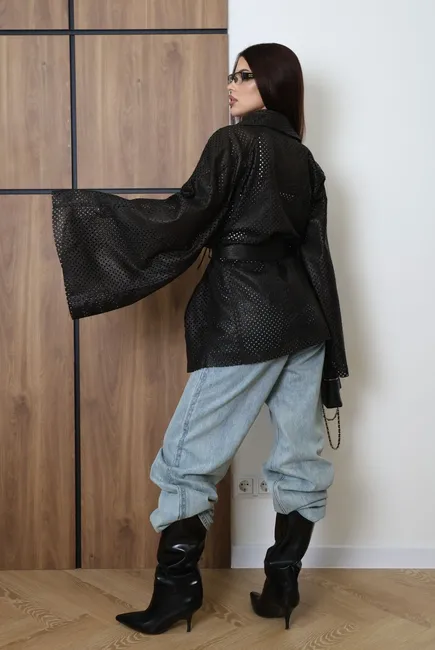 Black woven leather cardigan