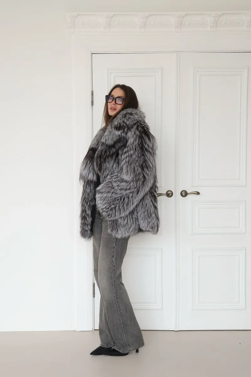 Silver fox fur coat with a notch collar