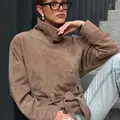 Light beige suede belted jacket