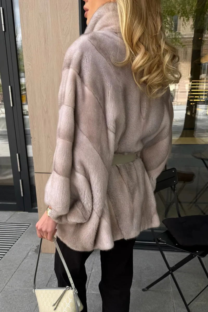 Ice mink fur coat with a stand collar
