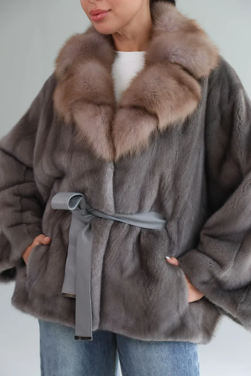 Mink kimono with marten fur on the collar