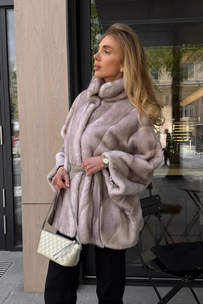 Ice mink fur coat with a stand collar