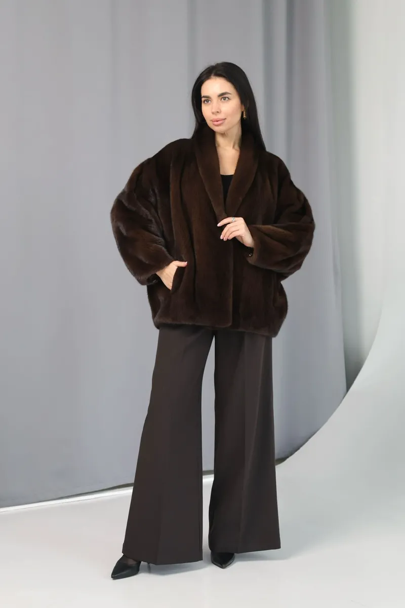 Mink fur coat with a shawl collar in brown color