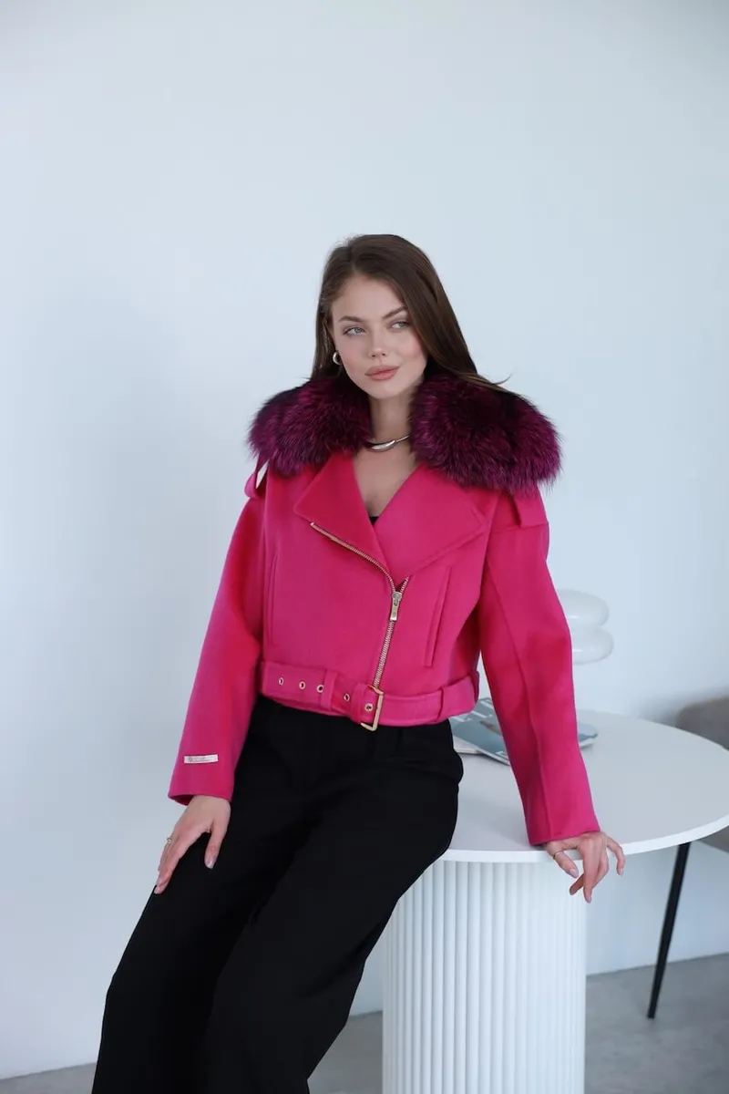 Short fuchsia alpaca leather jacket