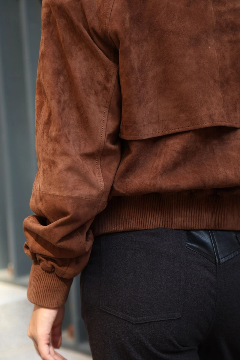 Suede bomber jacket with a stand-up collar