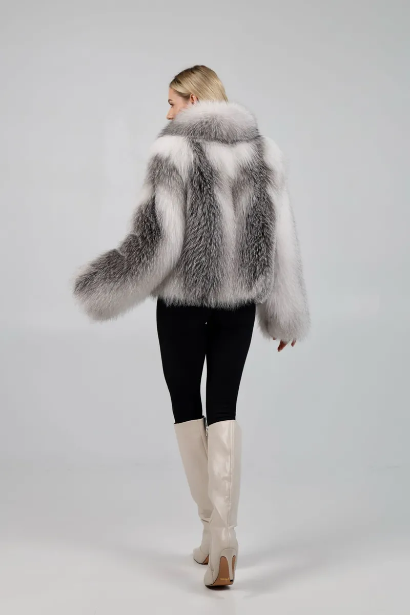 Fox fur coat in a shadow fawn shade
