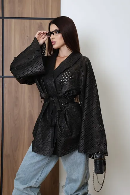 Black woven leather cardigan