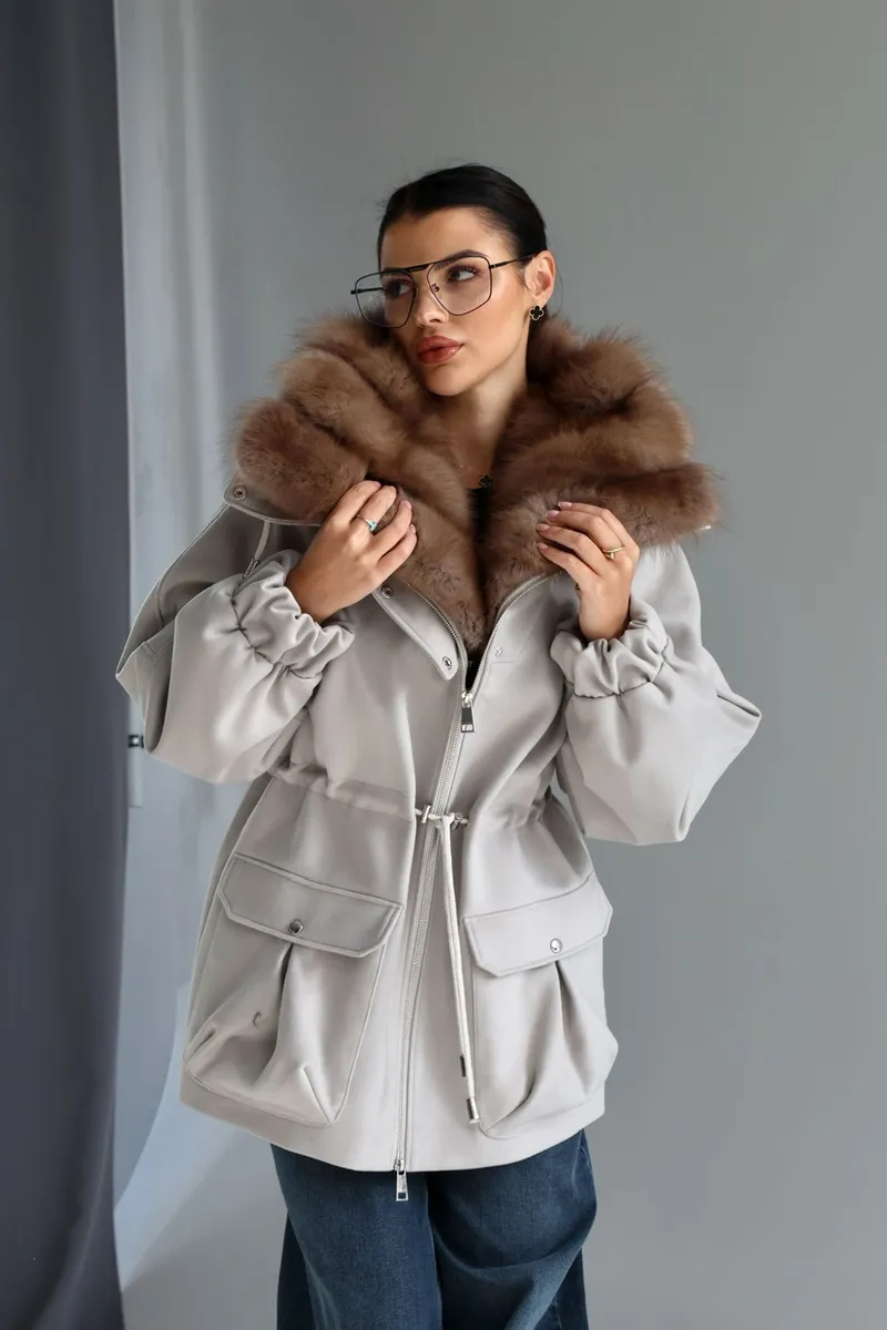 Gray cashmere coat with marten fur on the collar