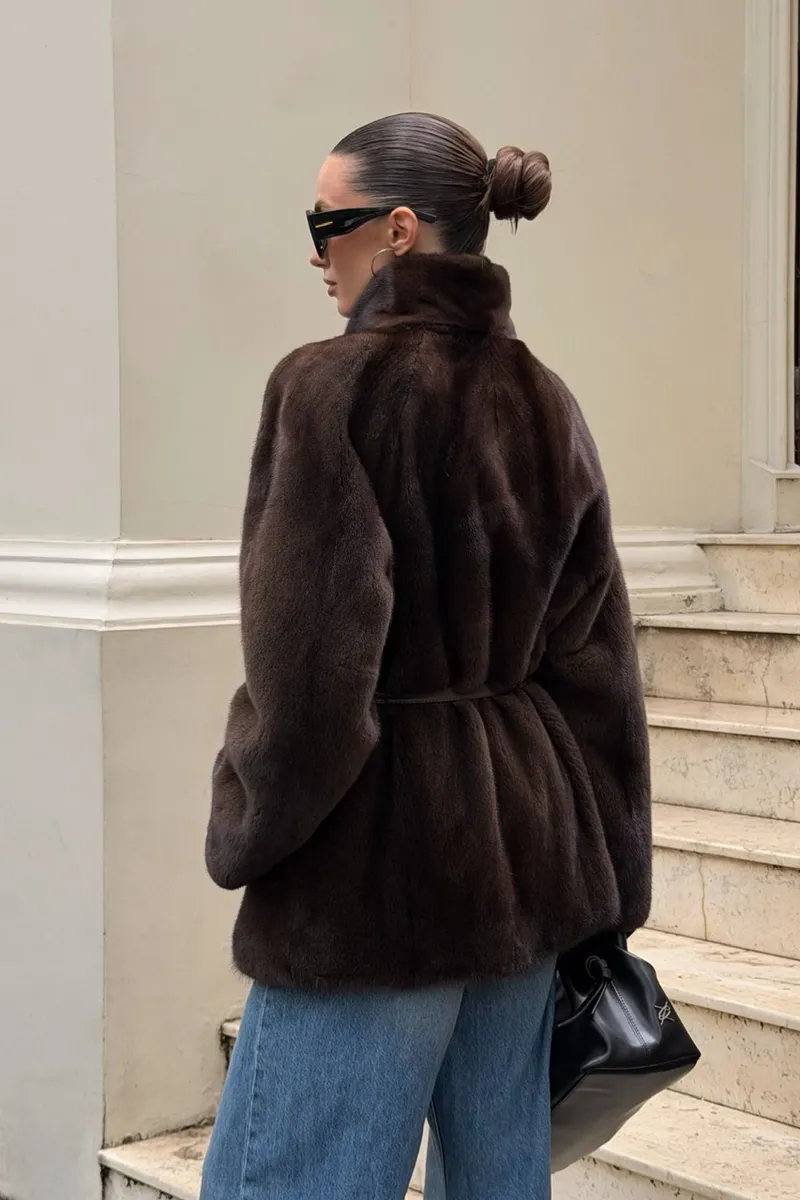 Belted mink fur coat with patch pockets