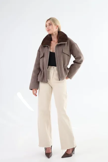 Wool down jacket with mink fur collar