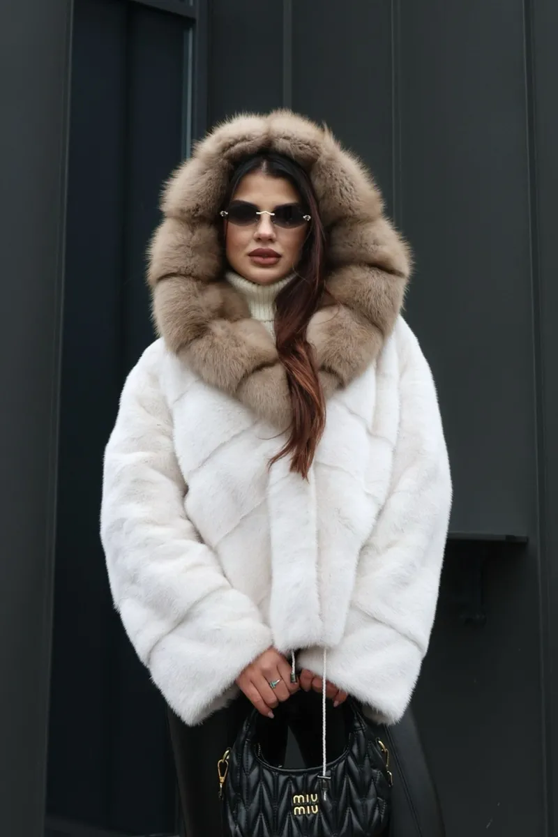 A mink coat with a hood and marten fur trim