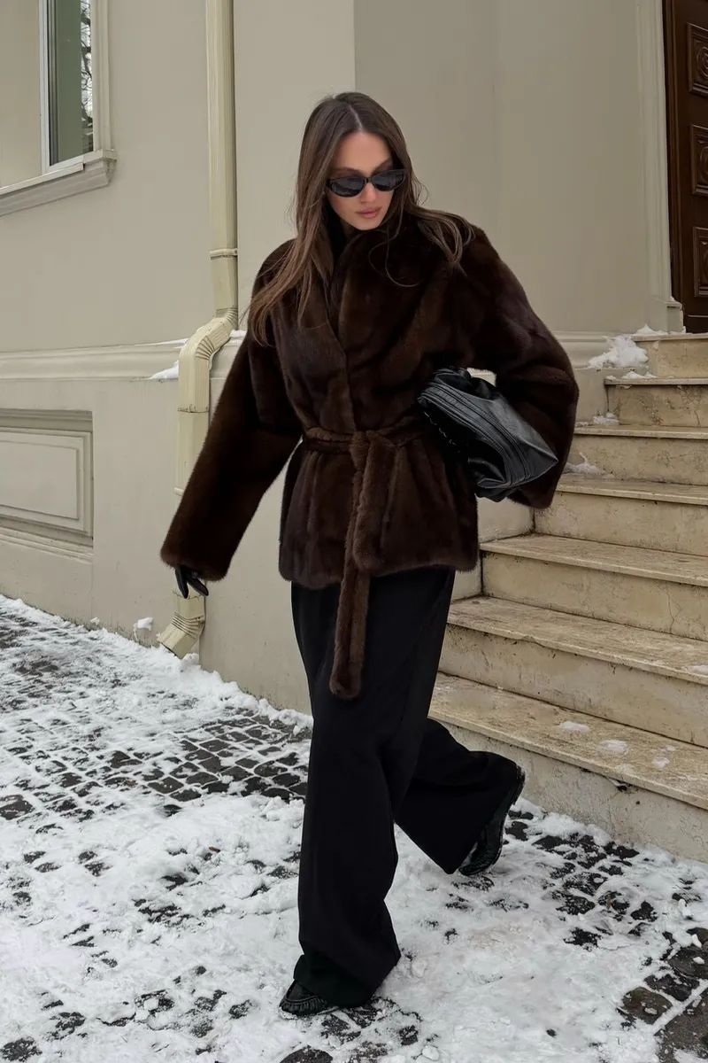 Brown mink fur coat with a shawl collar