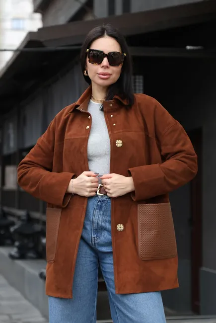 Long suede jacket in whiskey color