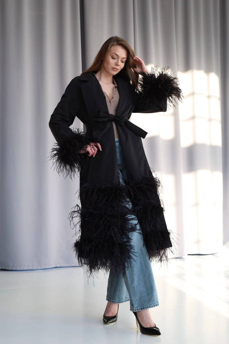 Trench coat made of raincoat fabric with ostrich feathers