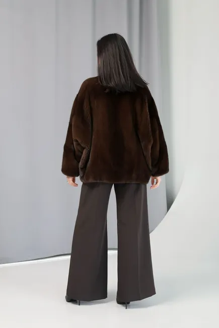 Норкова шуба з коміром шаль у кольорі brown 