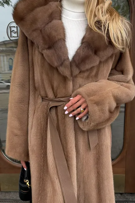 Pastel mink fur coat with a marten fur hood