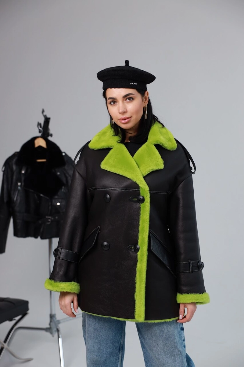 Merino sheepskin coat in apple green color