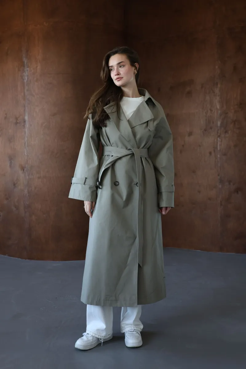 Double-breasted oversize trench coat in pistachio color