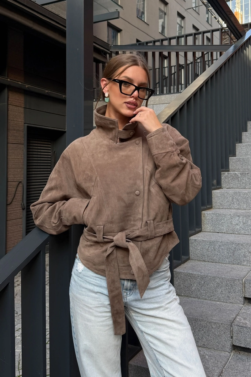 Light beige suede belted jacket