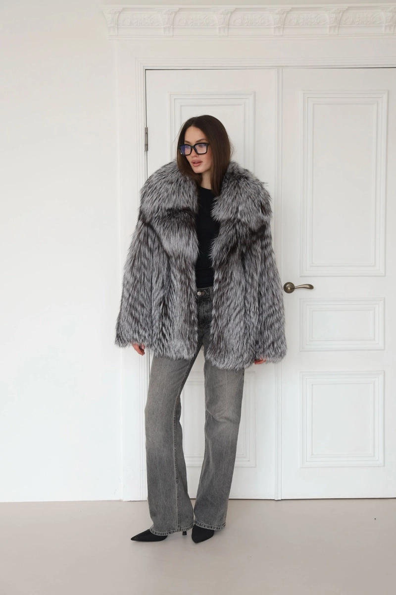 Silver fox fur coat with a notch collar