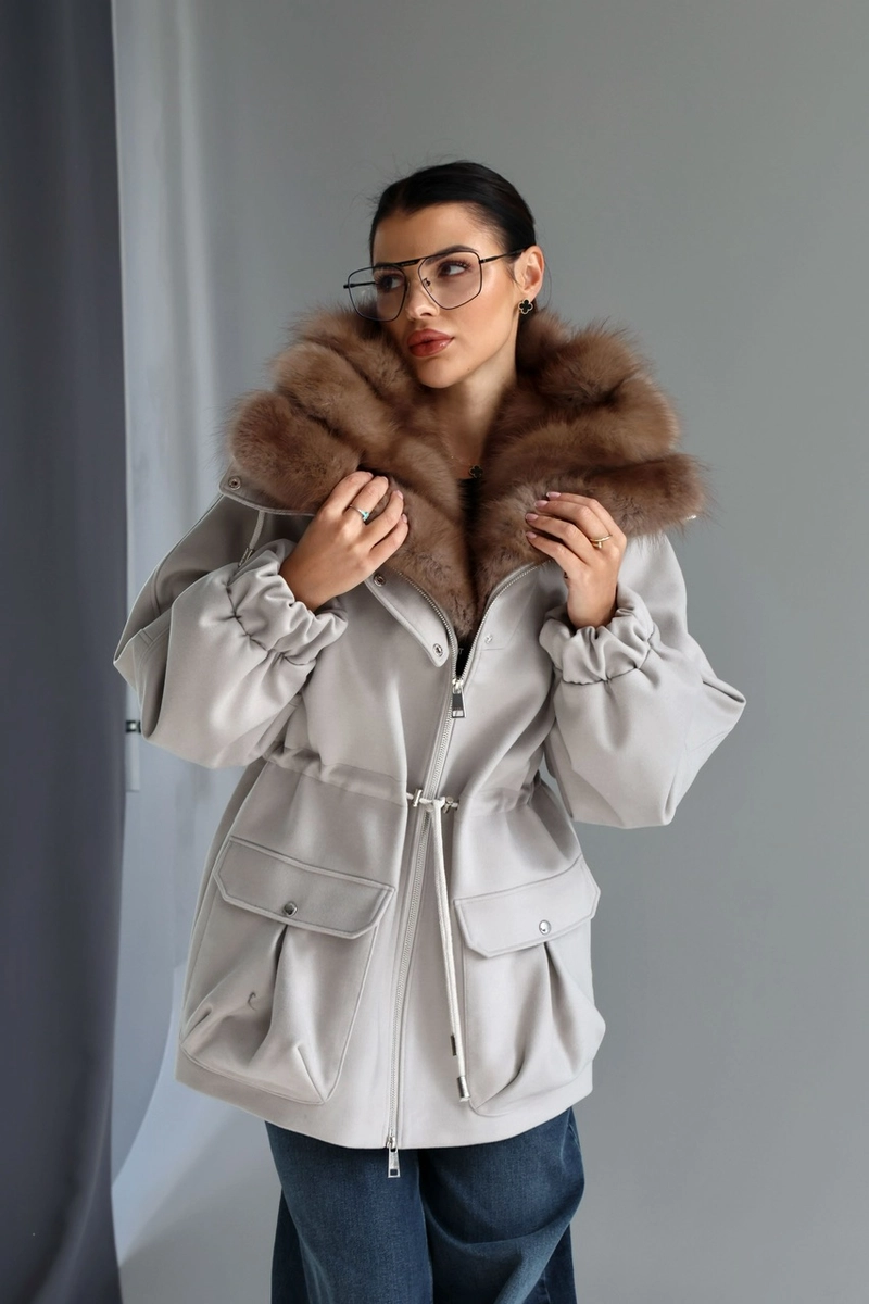 Gray cashmere coat with marten fur on the collar