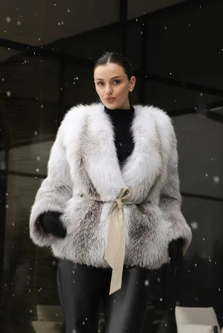 Shadow Fox fur coat made from auction fox in grey-white