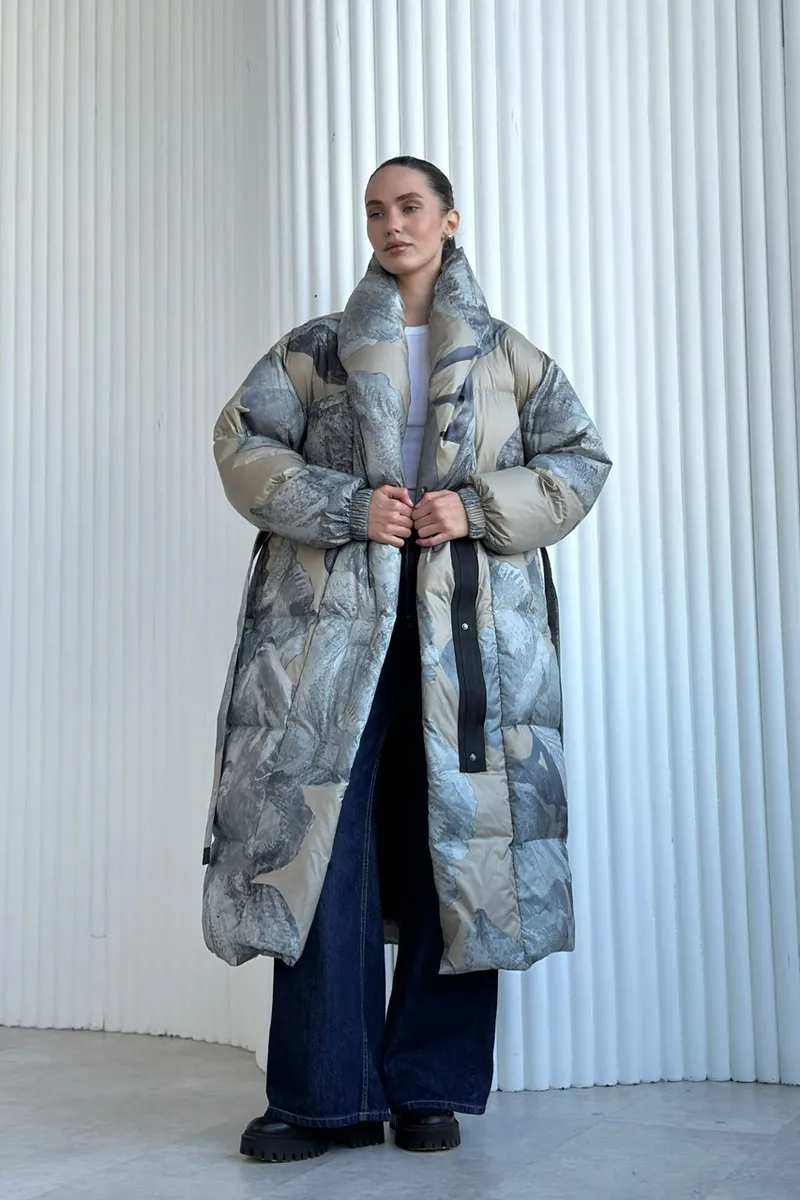 Maxi length down jacket with belt