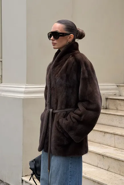 Belted mink fur coat with patch pockets
