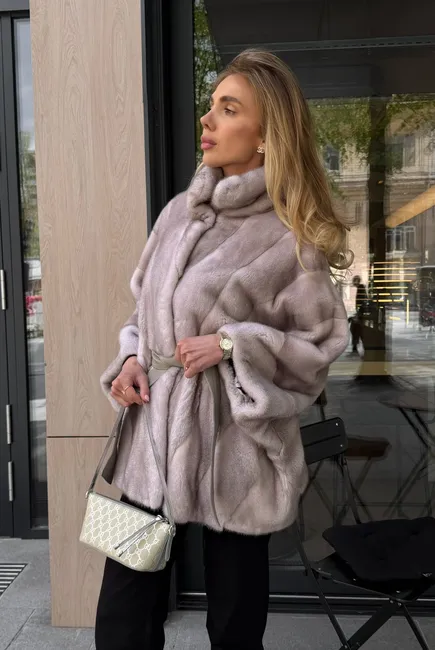 Ice mink fur coat with a stand collar