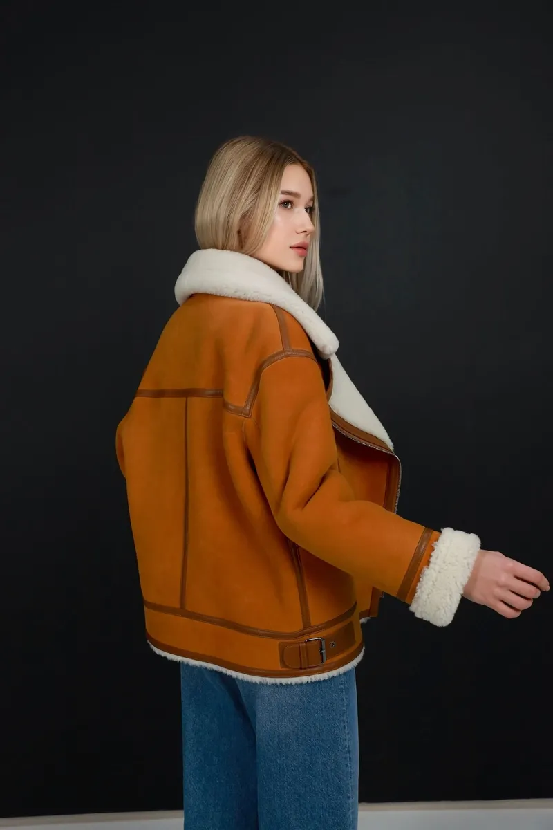 Red sheepskin coat made of curly sheepskin