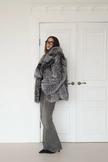 Silver fox fur coat with a notch collar