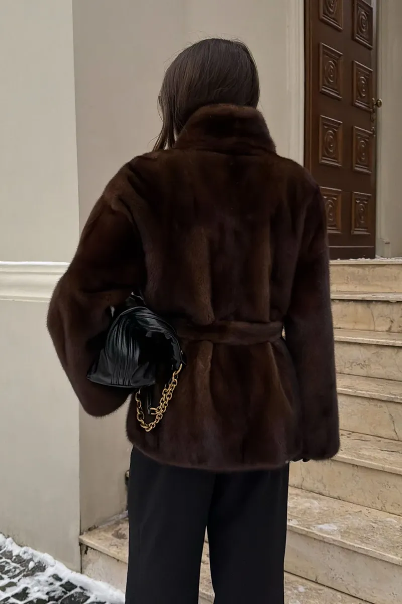 Brown mink fur coat with a shawl collar