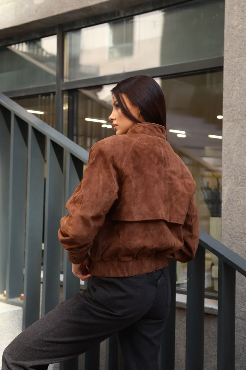 Suede bomber jacket with a stand-up collar