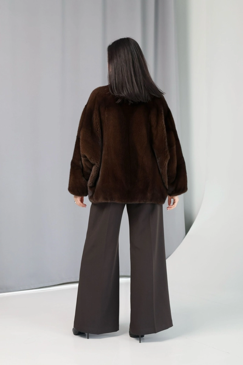Mink fur coat with a shawl collar in brown color