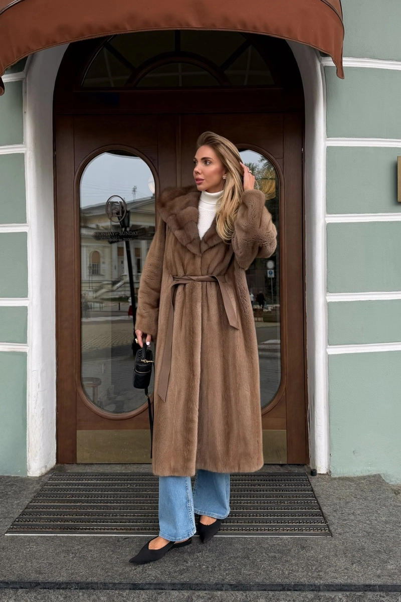 Pastel mink fur coat with a marten fur hood
