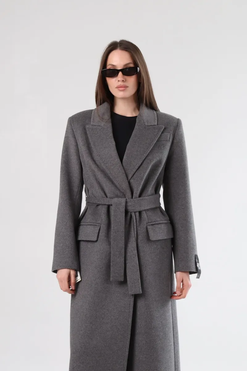 Gray straight cut coat in maxi length