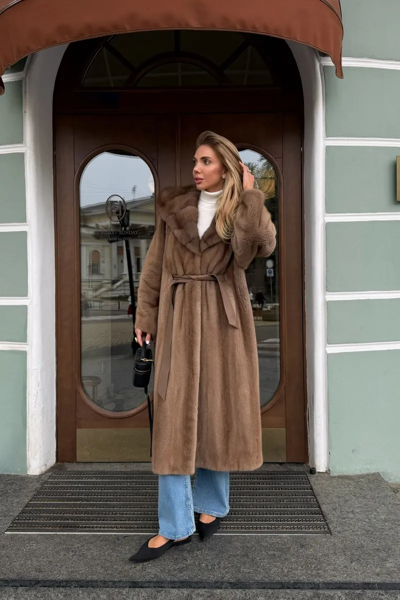 Pastel mink fur coat with a marten fur hood