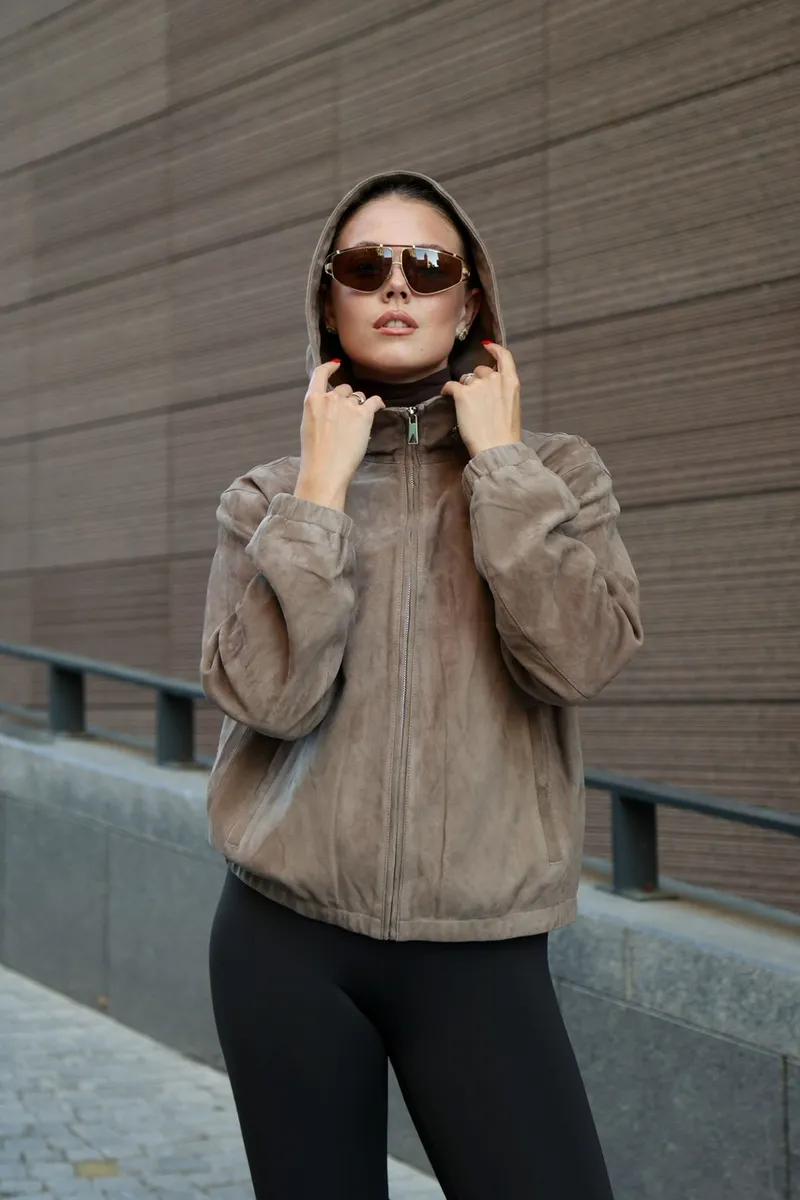Basic light beige suede bomber jacket
