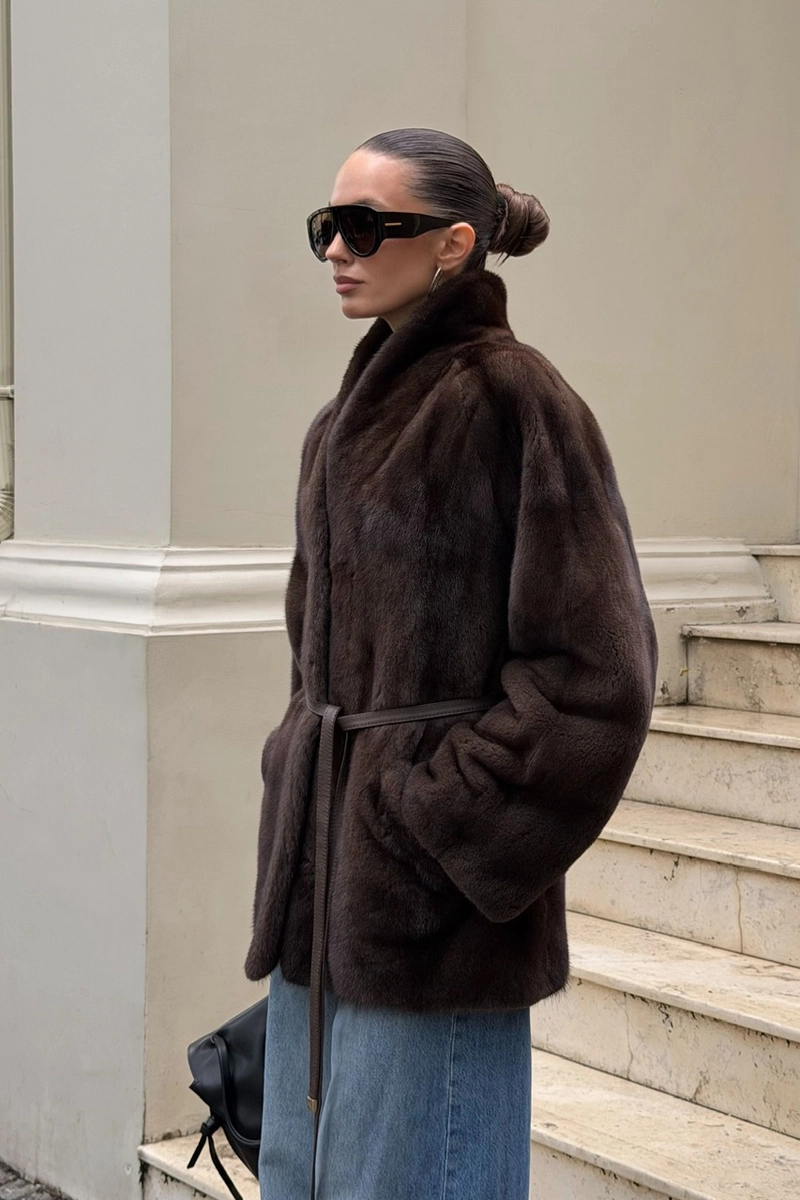 Belted mink fur coat with patch pockets