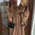 Pastel mink fur coat with a marten fur hood