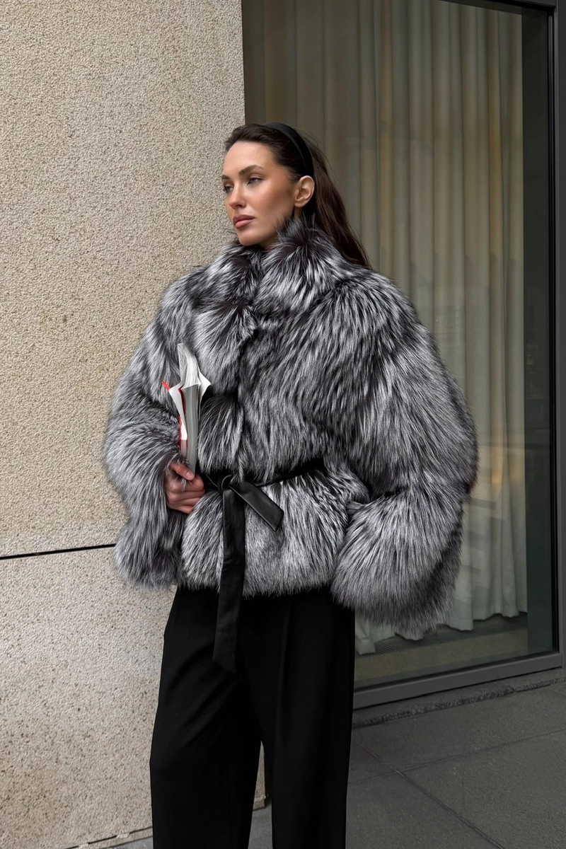 Silver fox fur coat with a stand-up collar