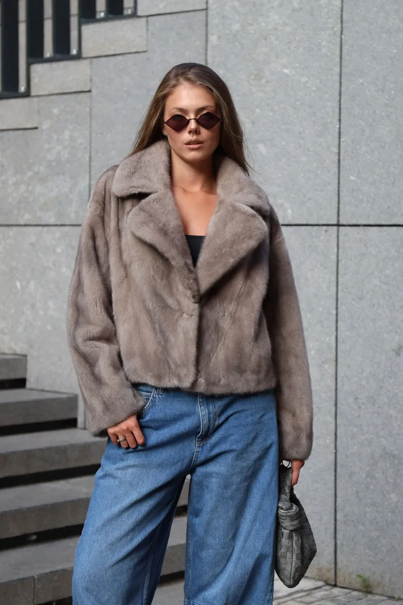 Cropped Scandinavian mink fur coat in a natural grey ice shade
