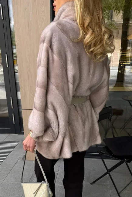 Ice mink fur coat with a stand collar