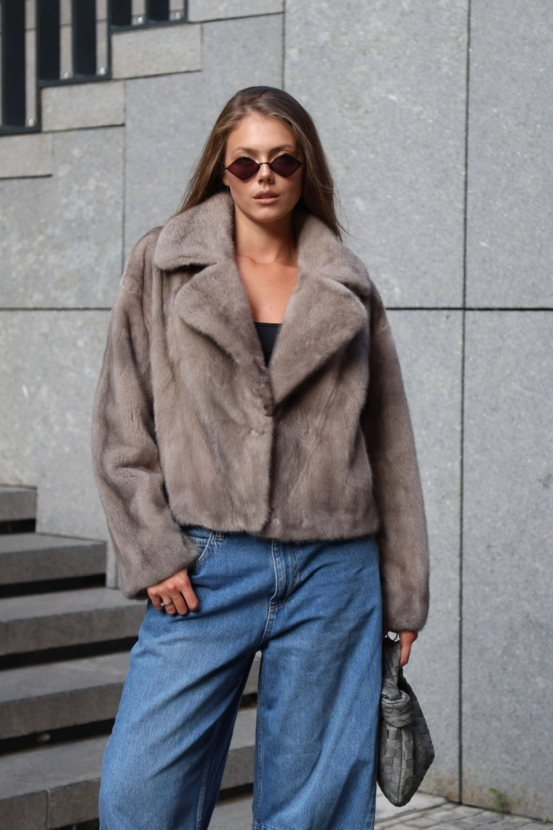 Cropped Scandinavian mink fur coat in a natural grey ice shade