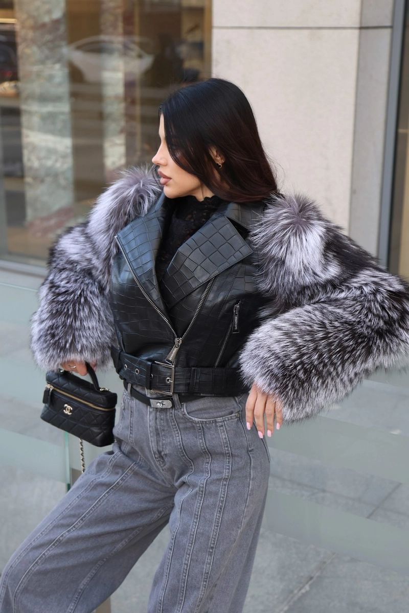 Leather jacket with fox fur sleeves