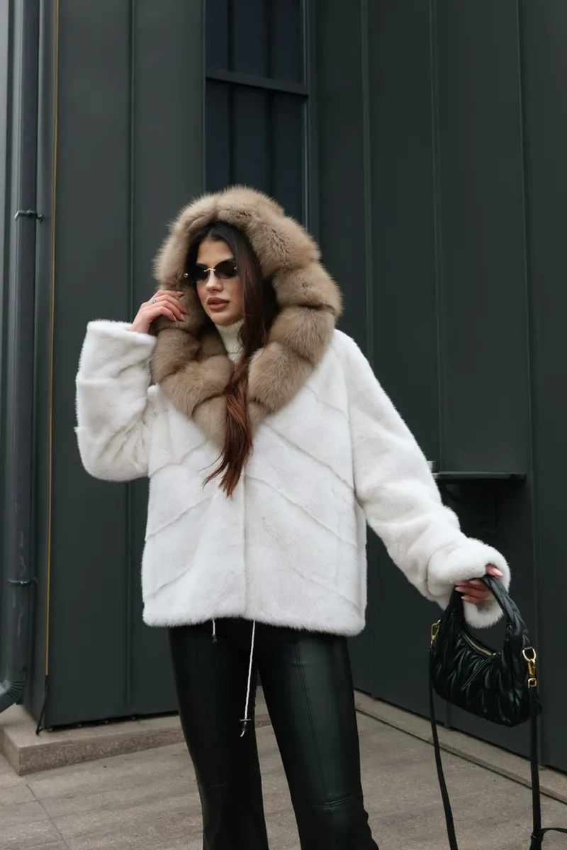 A mink coat with a hood and marten fur trim