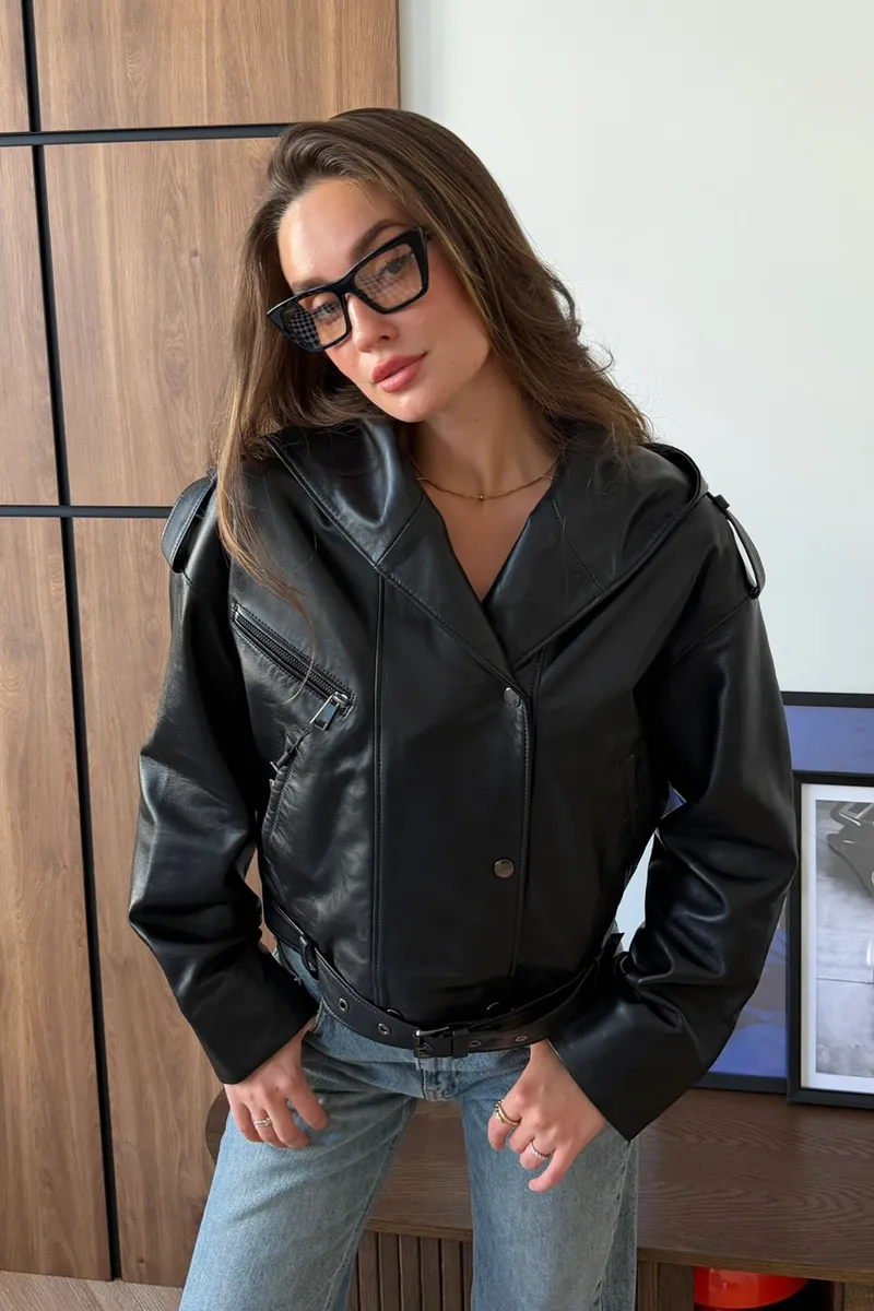 Bomber jacket made of smooth, glossy black leather