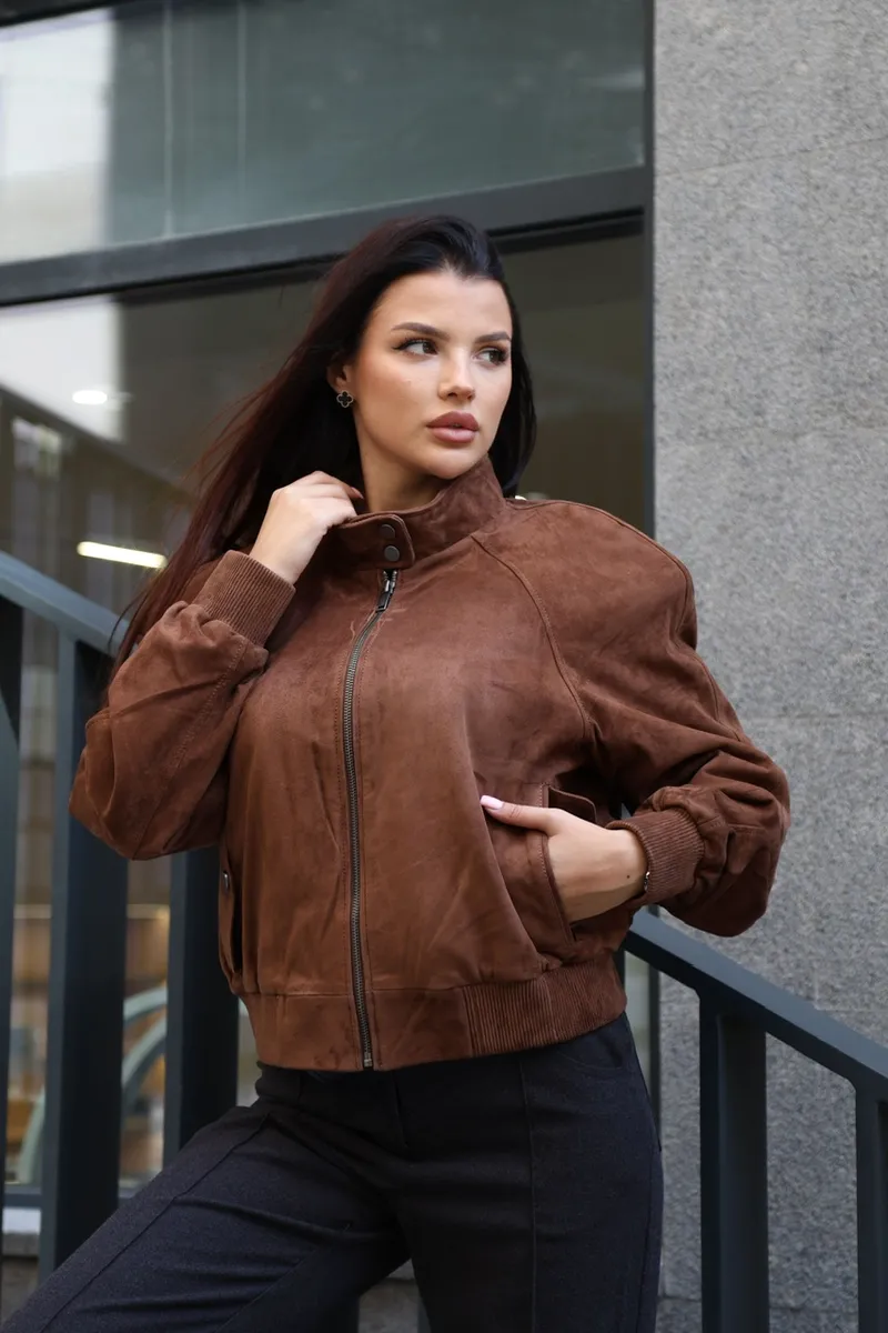 Suede bomber jacket with a stand-up collar